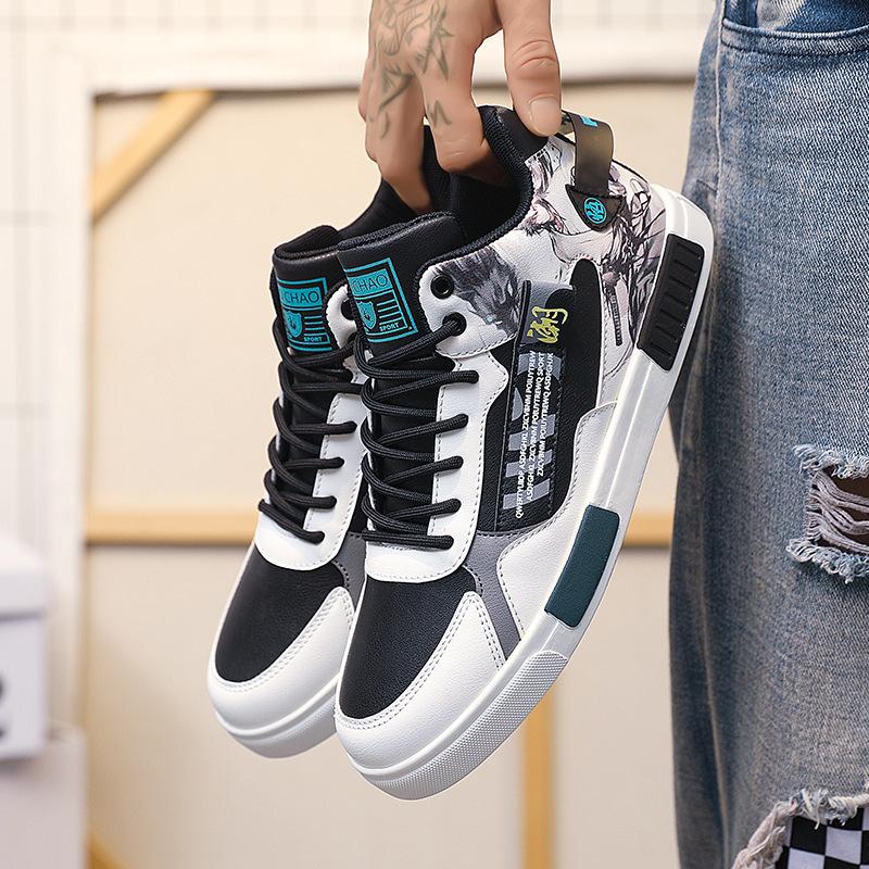 Guochao Men's Shoes Large Size 47 Spring Student High-top Tooling Shoes Men's 46 Graffiti Little White Board Shoes Men's Solid Sole 45