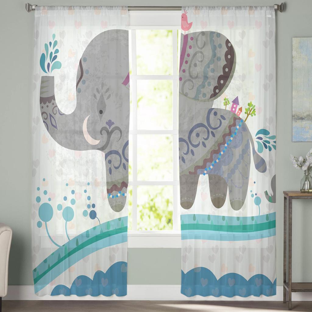 Elephant Big Stupid Bird Heart Gray Blue Sheer Curtains for Living Room Bedroom Decoration Window Voiles Morning Tulle Curtain