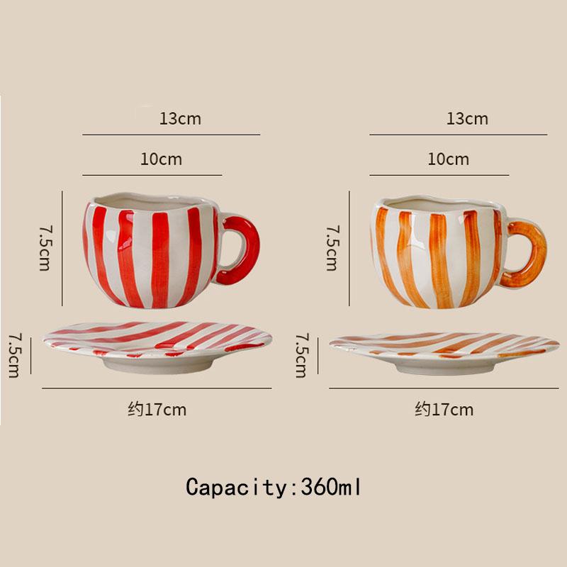360 Ml Ceramic Coffee Mug with Saucers Handmade Stripes Mugs for Girl Women Tea Milk Cup with Handle Latte Cocoa Office Home