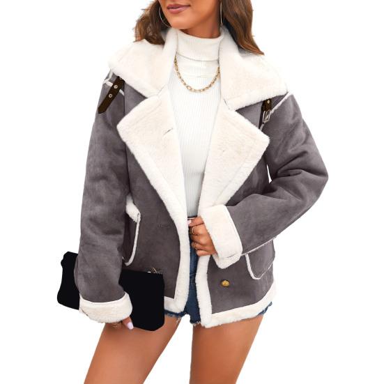 Faux Suede Jacket for Women Casual Lapel Thick Sherpa Lined Coat Winter Fuzzy Fleece Trench Coat with Pockets