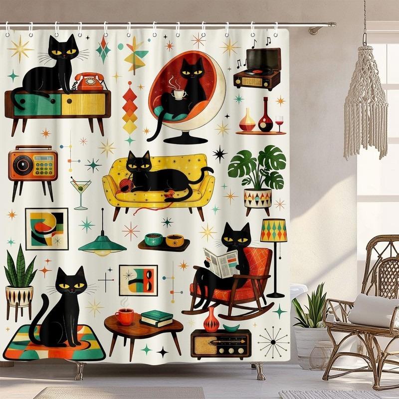 Cartoon Black Cat Geometric Star Fresh Bathroom Shower Curtain No Drill Vintage Decor Set with 12 Hooks Waterproof