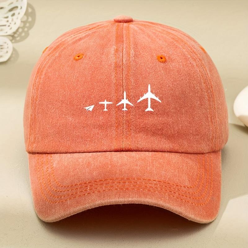 Retro airplane print washed baseball cap adjustable for both men and women, breathable black casual outdoor activity sun hat