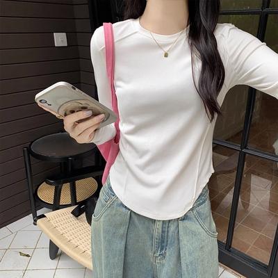 2024 Autumn and Winter New White Long-sleeved T-shirt for Women with Irregular Hem, Slim Fit, Stylish and Chic Top