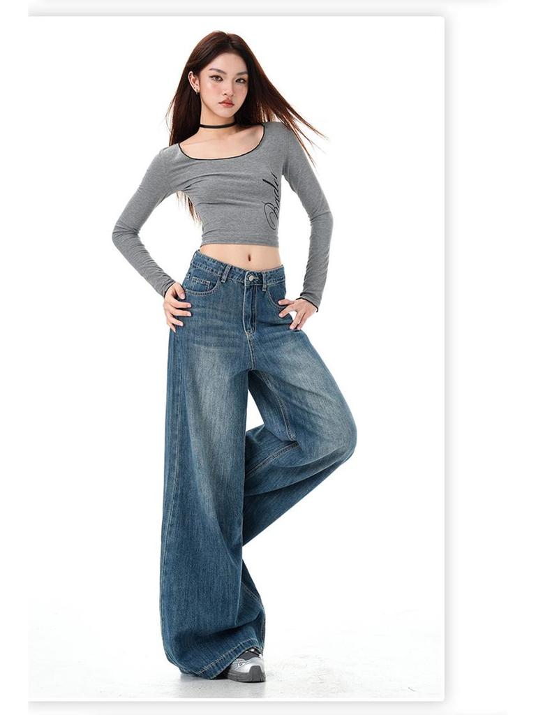 Women's Vintage High-Waisted Wide-Leg Jeans - Non-Clingy, Loose Fit for Spring and Autumn