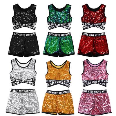 Kids Girls Modern Jazz Dance Costume Shiny Sequins Crop Top with Shorts Dancewear Outfits Sets