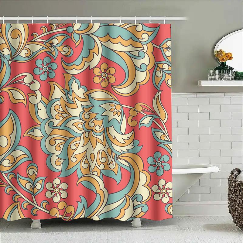 

Восхитительная Цветочная Шторка для Душа Красочный Декор для Вашей Ванной Комнаты Уникальный Дизайн с Синими, Желтыми, Розовыми Цветами на Кораллово-Красном Фоне 90x180cm