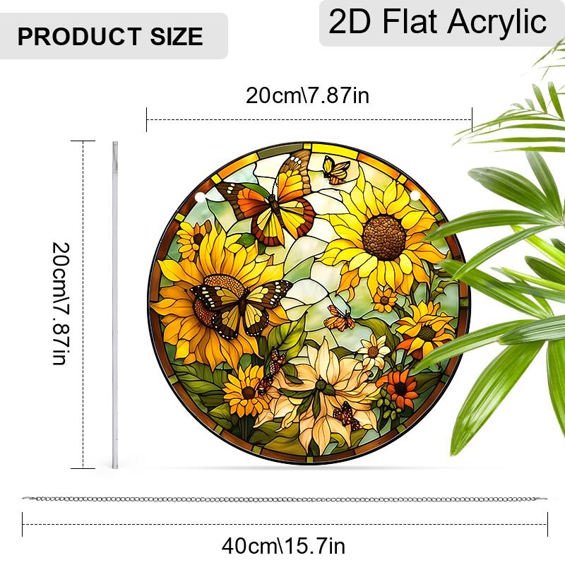 Acrylic Sunflower and Butterflies Suncatcher, Stained Glass Style Window Hanging Ornament for Nature and Garden Lovers