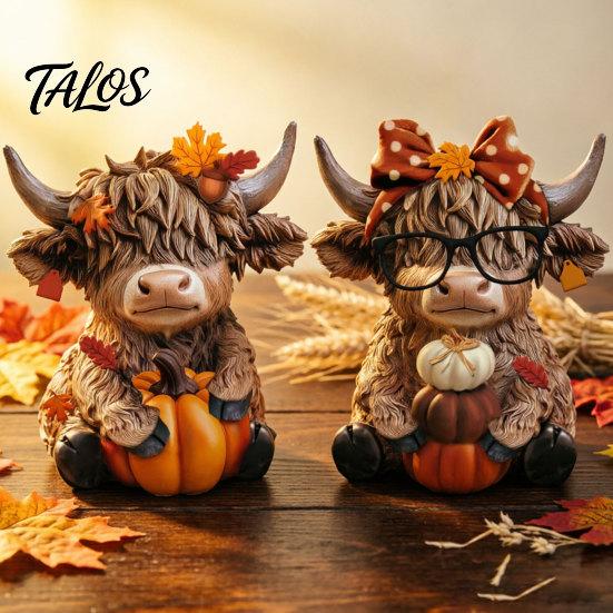 Fall Decorations 2PCS Autumn Highland Cow Ornament, Thanksgiving Day Theme Wooden Decoration, with Woodcraft Decor Exquisite Details Figurine,