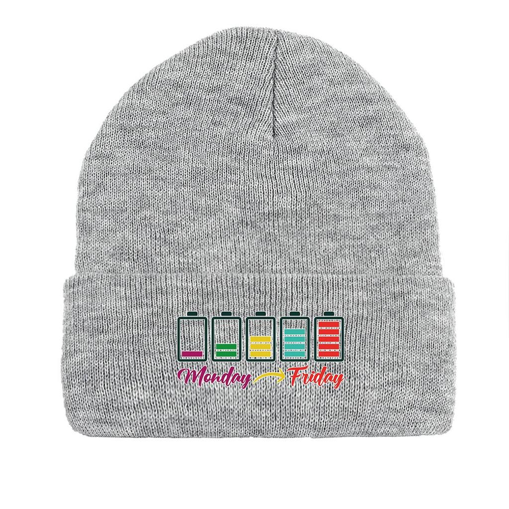 Monday Friday" Battery Print Knit Cap Beanie, Woman Cap Cancer Chemo Cozy Trendy Bobble Hat Knitted Hat Beanie
