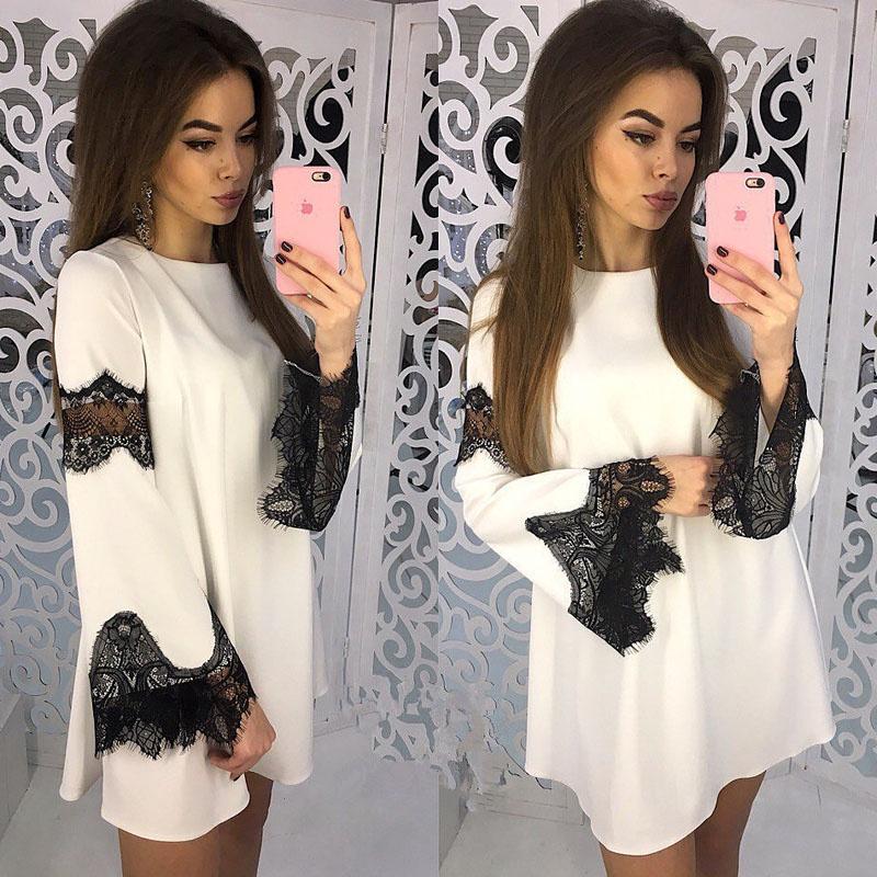 Elegant Solid Color Lace Stitching Dress For Women Perfect For Casual Outings