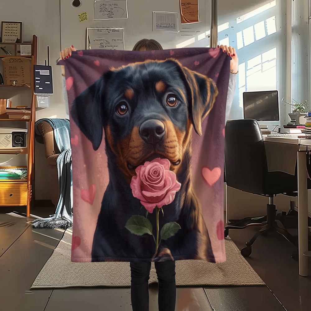 Rottweiler and Roses,pattern Flannel Blanket, High quality Comfortable for All Seasons, Home Decor, Warmth and Comfort, Perfect for Gifts.