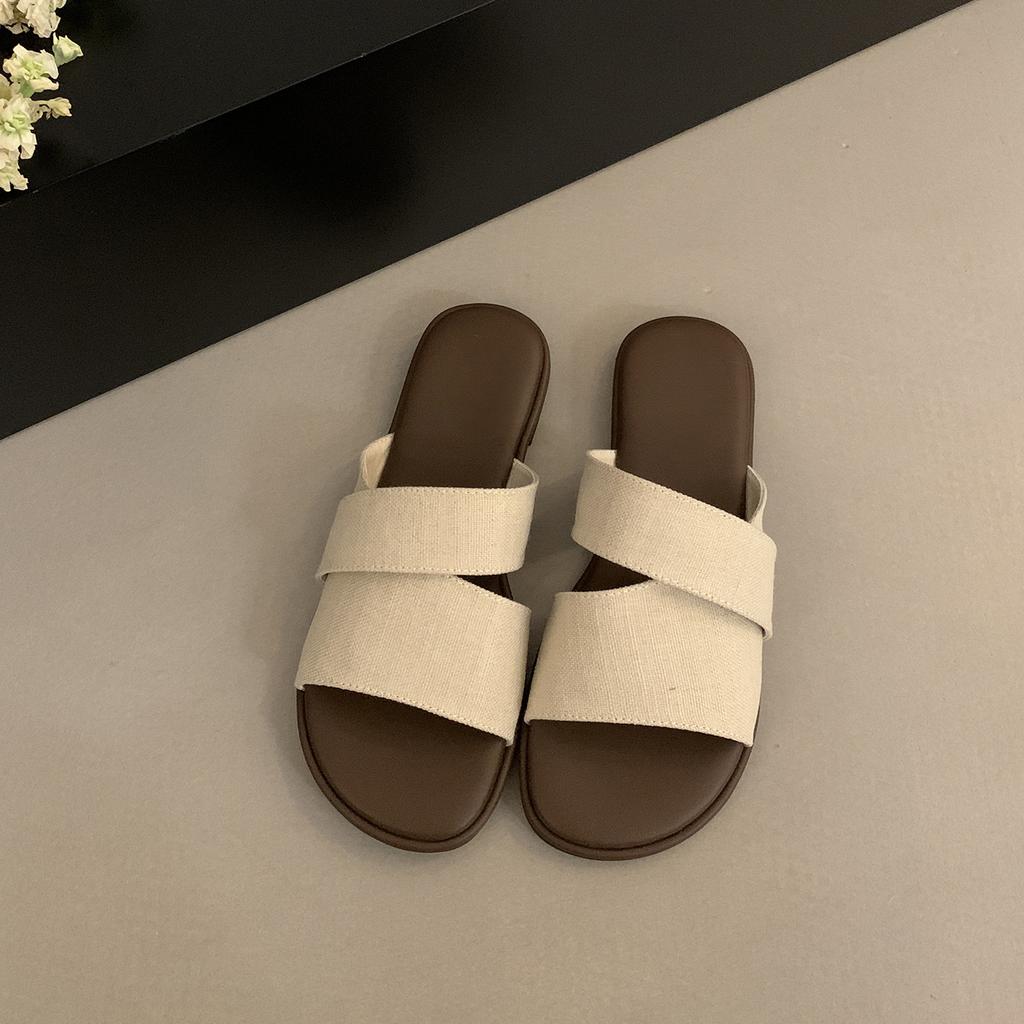 Niche Design Sense Linen Square Head Open-toed Flat-bottomed Slippers Female Summer Wear Fairy Wind Seaside Vacation Beach Sandals