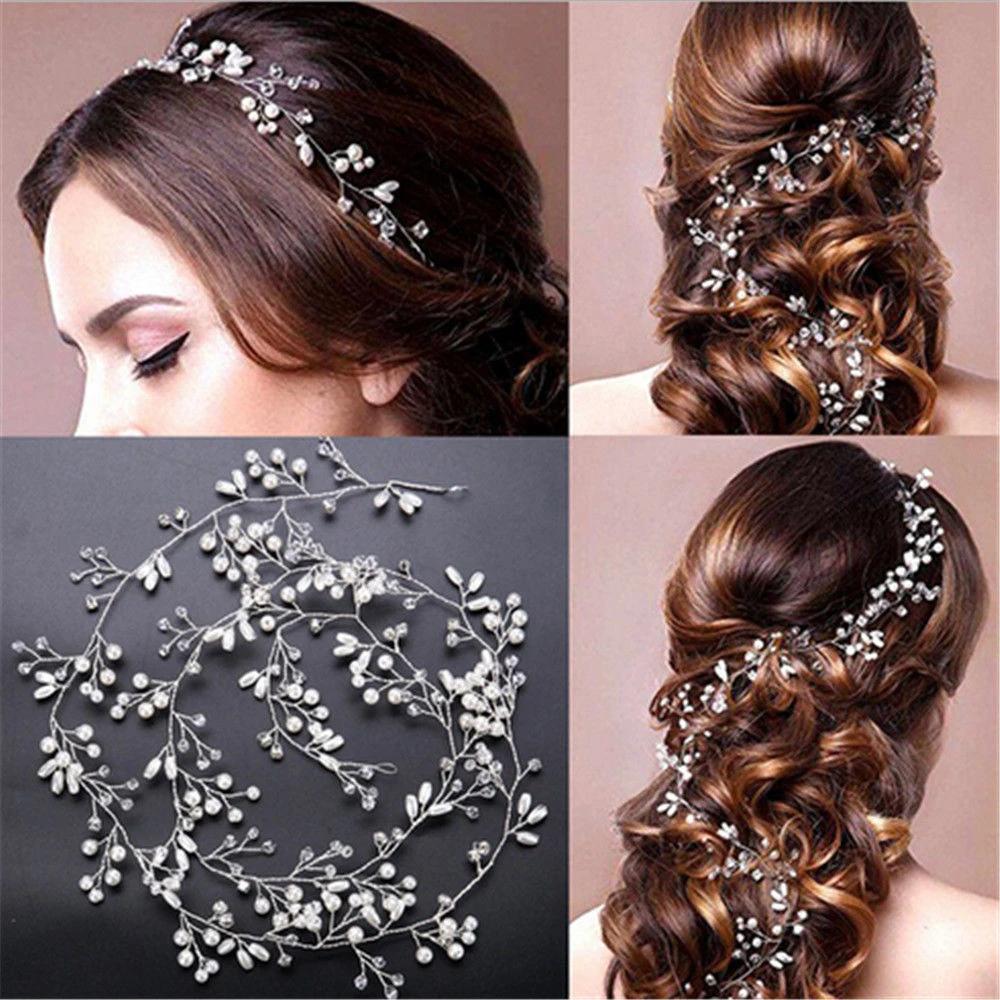 35CM Women Bridal Wedding Crystal Bride Hair Accessories Pearl Flower Headband Handmade Hairband Beads Decorative Hair Comb