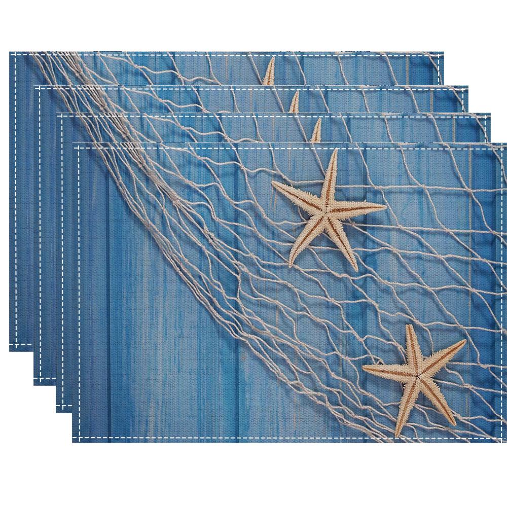 Blue Starfish And Fishing Net Placemats For Coastal Beach House Dining Table Decor Nautical Theme Washable Mats