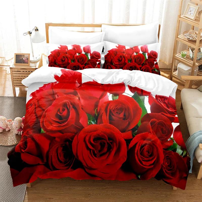 Red Flower Full Size Duvet Covers Rose Quilt Cover 200X230Cm Bedding Set 3Pcs 2Pcs 210X210Cm King Queen Single Double Bed