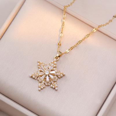 Female Crystal White Zircon Stone Snowflake Pendant Necklace Vintage Gold Color Wedding Jewelry For Women