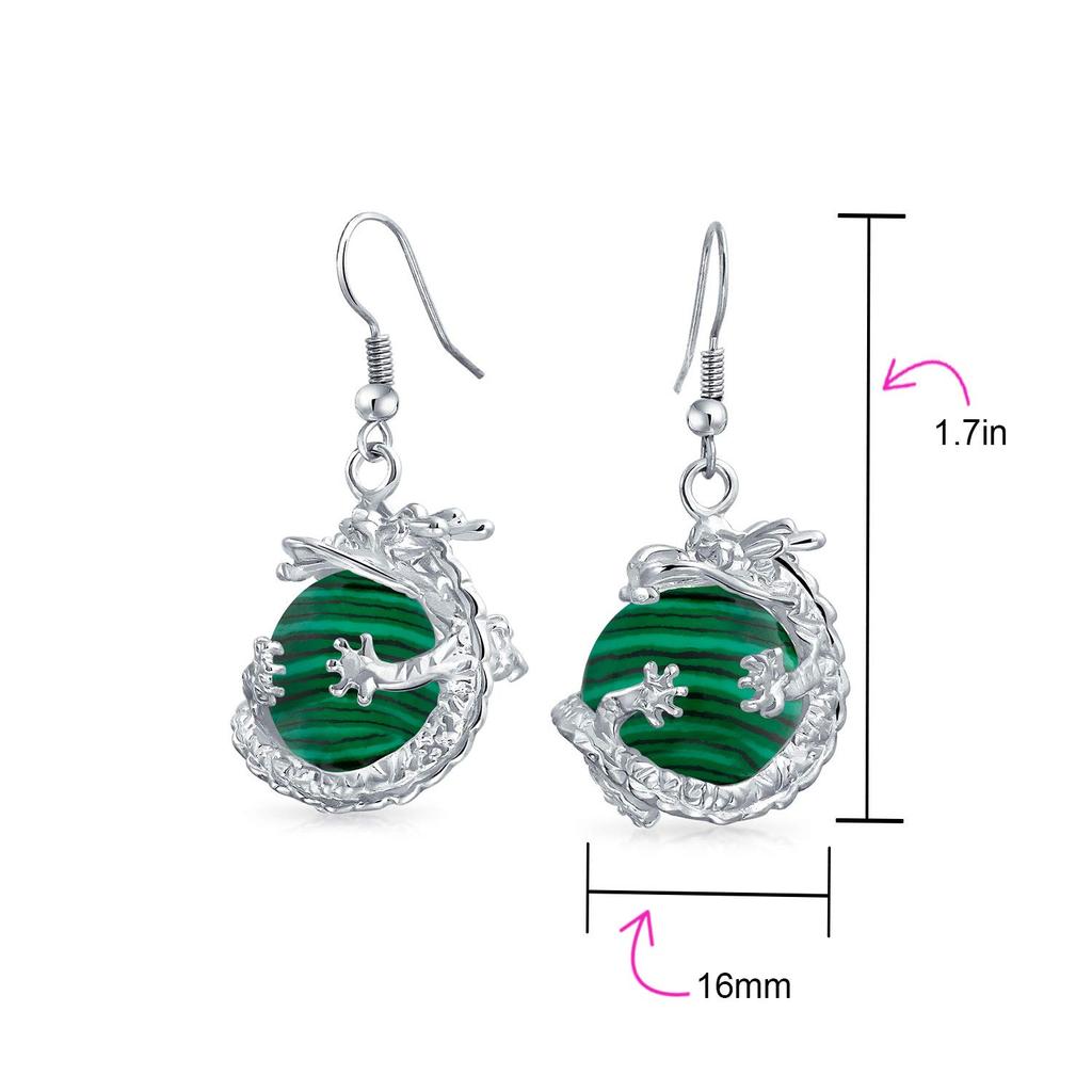 Asian Dragon Earrings for Women and Teenagers Encased In a Large Dangling Orb of Trendy Dark Green Malachite Gemstone Round "Chinese Ball"