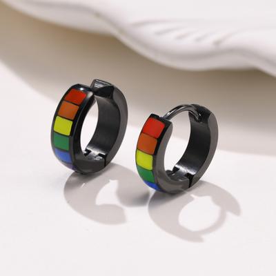 Stainless Steel Rainbow Earrings Pierced Ear Clips Black Gay Pride LGBT Titanium Jewelry
