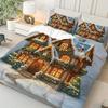 3pcs Festive Snow Cottage Christmas Duvet Cover Set Cozy Winter Holiday Theme with Illuminated House Print 1 Duvet 2 Pillowcases