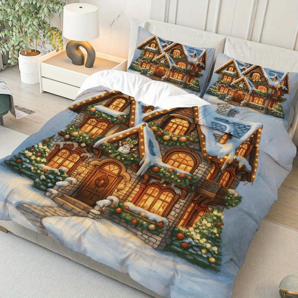 3pcs Festive Snow Cottage Christmas Duvet Cover Set Cozy Winter Holiday Theme with Illuminated House Print 1 Duvet 2 Pillowcases