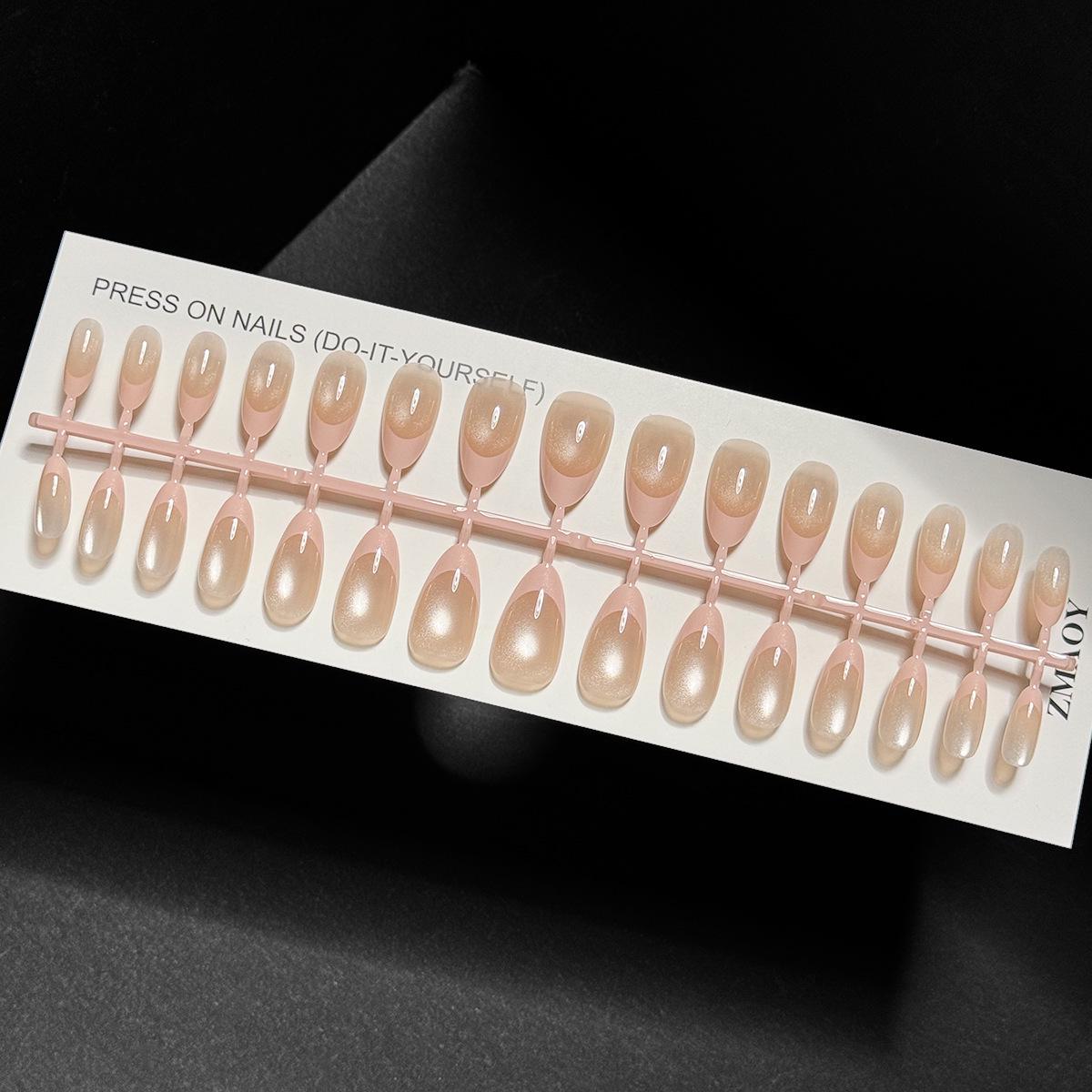 Cat Eye French Almond Nude Nails: 30-Piece Short-to-Medium Two-Tone Collection