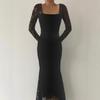 Autumn Winter Women's Elegant Lace Square Neck Pleated Long Dress