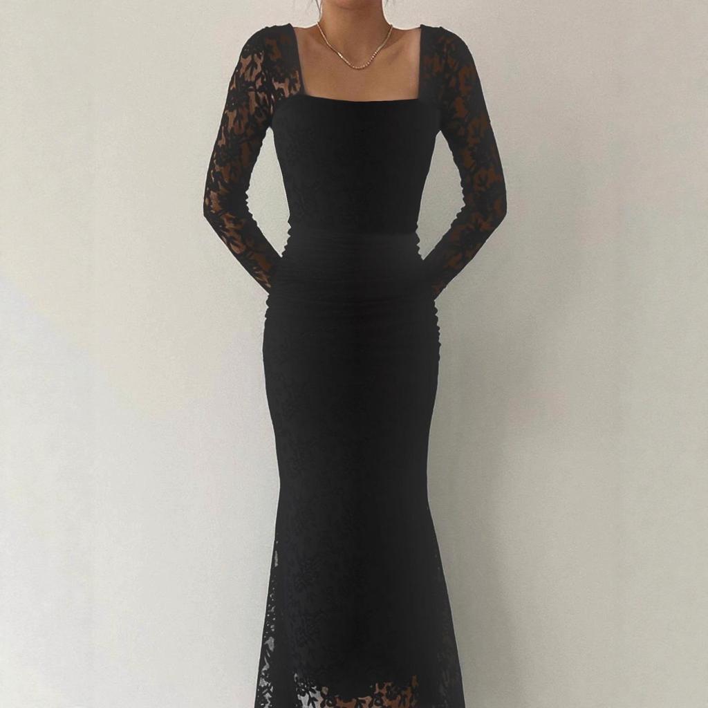 Autumn Winter Women's Elegant Lace Square Neck Pleated Long Dress