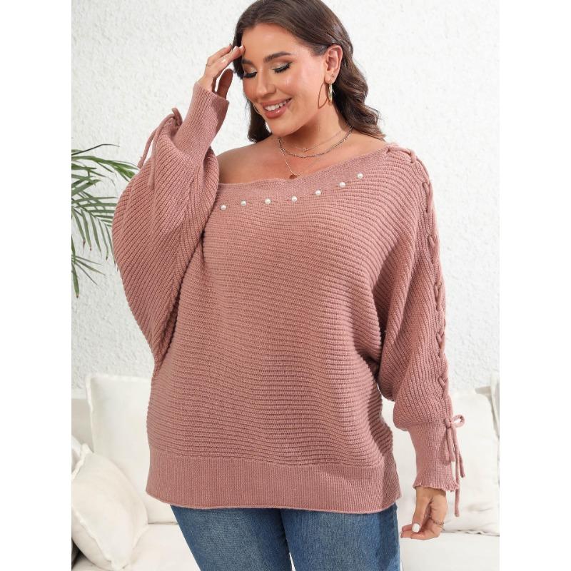 Women's Autumn and Winter Large Size Tie Bat Sleeve Sexy Strapless One Neck Studded Sweater