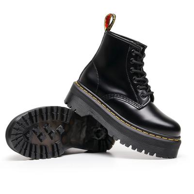 Hohe Stiefel aus hartem Leder im britischen Stil, handgefertigt mit Löchern, dicker Boden, offene Kante mit Perlen, kurze Stiefel aus Rindsleder, Damen-Höhenerhöhung