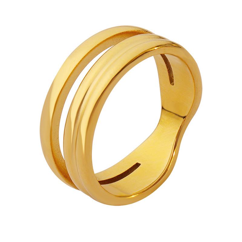 18K Gold Plated Titanium Steel Double Layer Hollow Ring for Women - Minimalist, Colorfast, Index Finger, European Style.