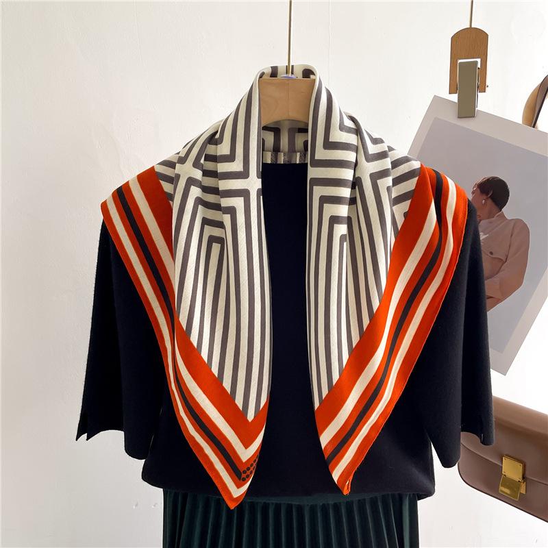 Geometric striped scarf women's small square scarf silk scarf herringbone pattern imitation velvet scarf thin shawl scarf headscarf women