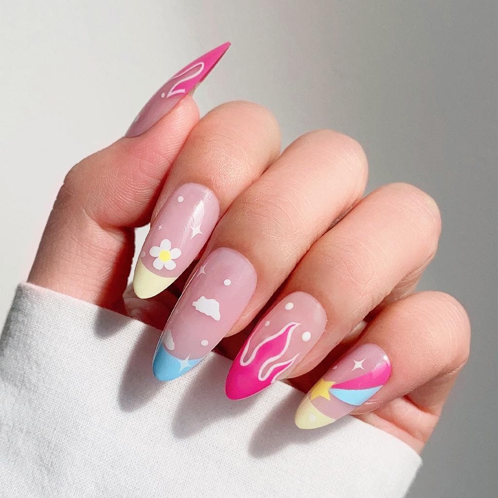 French Mid-length Almond Armor Star Flame Manicure European and American Fake Nail Wear Nails