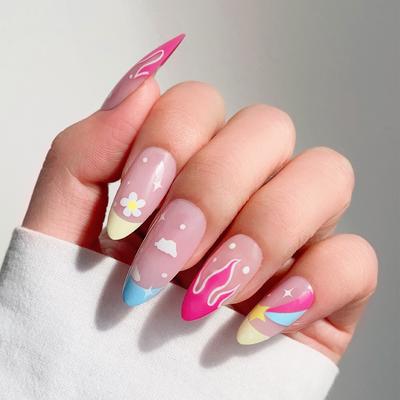 French Mid-length Almond Armor Star Flame Manicure European and American Fake Nail Wear Nails