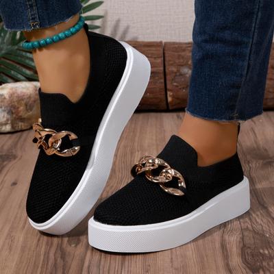 Women Flat Sneakers Autumn 2024 New Style Fashion Metal Chain Designer Thick Bottom Vulcanized Shoes Casual Shopping Women Shoes
