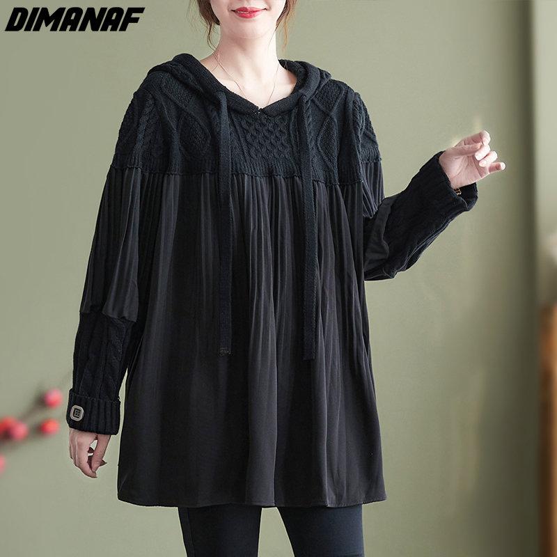 Dimanaf Suéter de talla grande para mujer, sudaderas holgadas con capucha y sudaderas informales de otoño, suéter básico de retazos de punto, suéteres con cuello redondo 2022