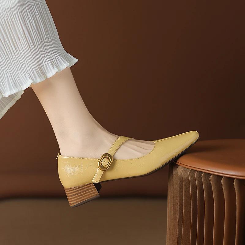 

Fashion 2025 New Spring Women Pumps Square Toe Chunky Heel Genuine Leather Women Shoes Shallow Metal Buckle Strap Mary Janes Ladies 34 жёлтый