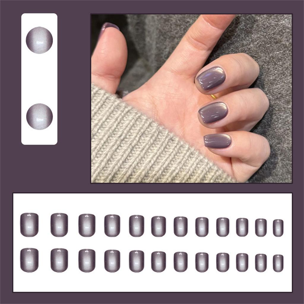 24 Pieces Press on Nail Gray Purple Cat Eye Short False Nail Easy To Apply Fashionable Manicure For Busy Women