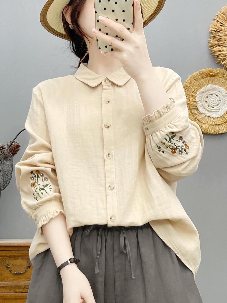 Women's Forest Style Embroidered Cotton Gauze Shirt: Long Sleeve, Soft, Breathable, Loose Fit, Slimming, Pure Cotton Top