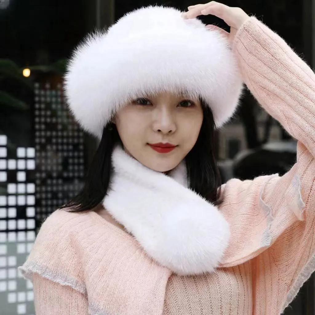 WTEMPO Soft Fuax Fur Thick Warm Scarf & Hat Sets Women's Solid Color Large Scarf + Hat Outdoor Windproof Cold-proof Accessories