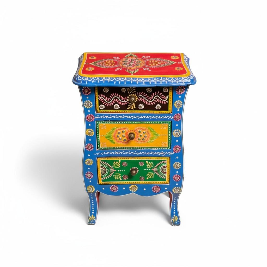 Handicraft Bedside Table, Painted Wooden Storage Sideboard, Bedroom Decors Lamp-Table, Home Living Drawer-Cupboard-Desk Dressers Home Decor