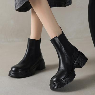Mode Neue Herbst/Winter Echtleder Damenstiefel Schuhe mit runder Zehenpartie für Damen Mode Plateau-Stiefel Damen Hohe Absätze Chelsea Boots