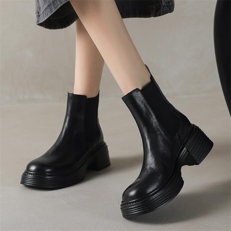 Fashion New Autumn/winter Genuine Leather Women Boots Round Toe Shoes for Women Fashion Platform Boots Women High Heels Chelsea Boots