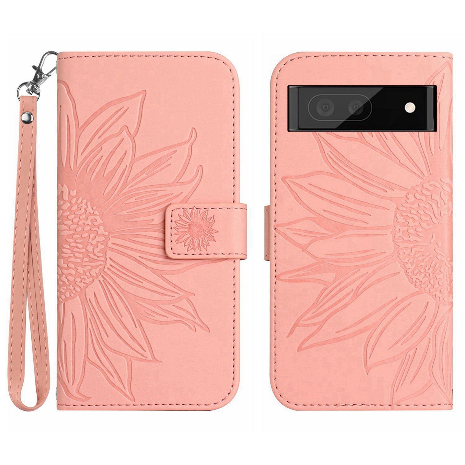 

HT04 Phone Case for Google Pixel 7a PU Leather Cover Sunflower Pattern Wallet Phone Shell with Strap Light Pink