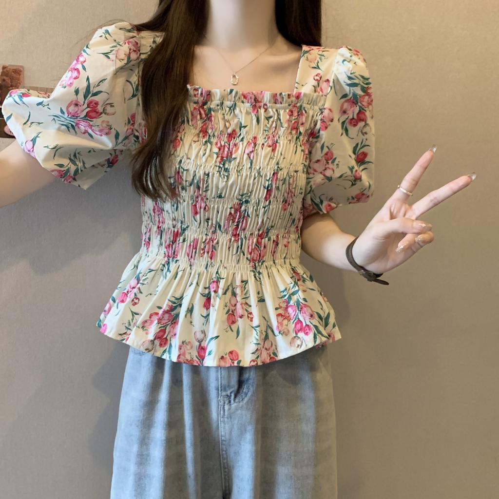 Princess short Spice girl square collar tea break floral new flared sleeve thin casual French casual short-sleeved top