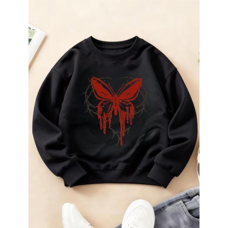 Kids Crewneck Sweatshirt, Cool Fun Red Butterfly Dark Aesthetic Print Long Sleeve Top 110