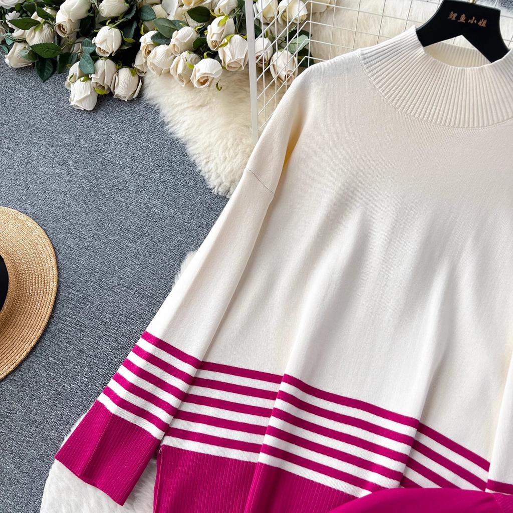 Toamnă Iarnă Femei Grătul cu mâneci lungi Pulover tricotat în dungi Topuri + Pantaloni largi Costume Set două piese Tinute femei