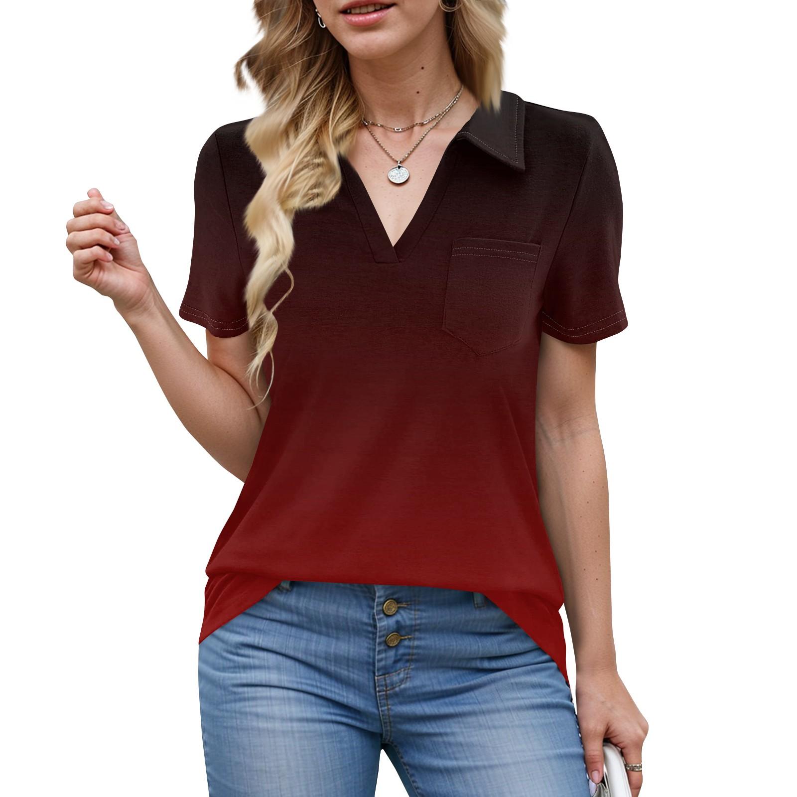

Женские рубашки, летние деловые повседневные рабочие топы с коротким рукавом, застегивающиеся на пуговицы, воротник, V-образный вырез, блузка, футболка S винный