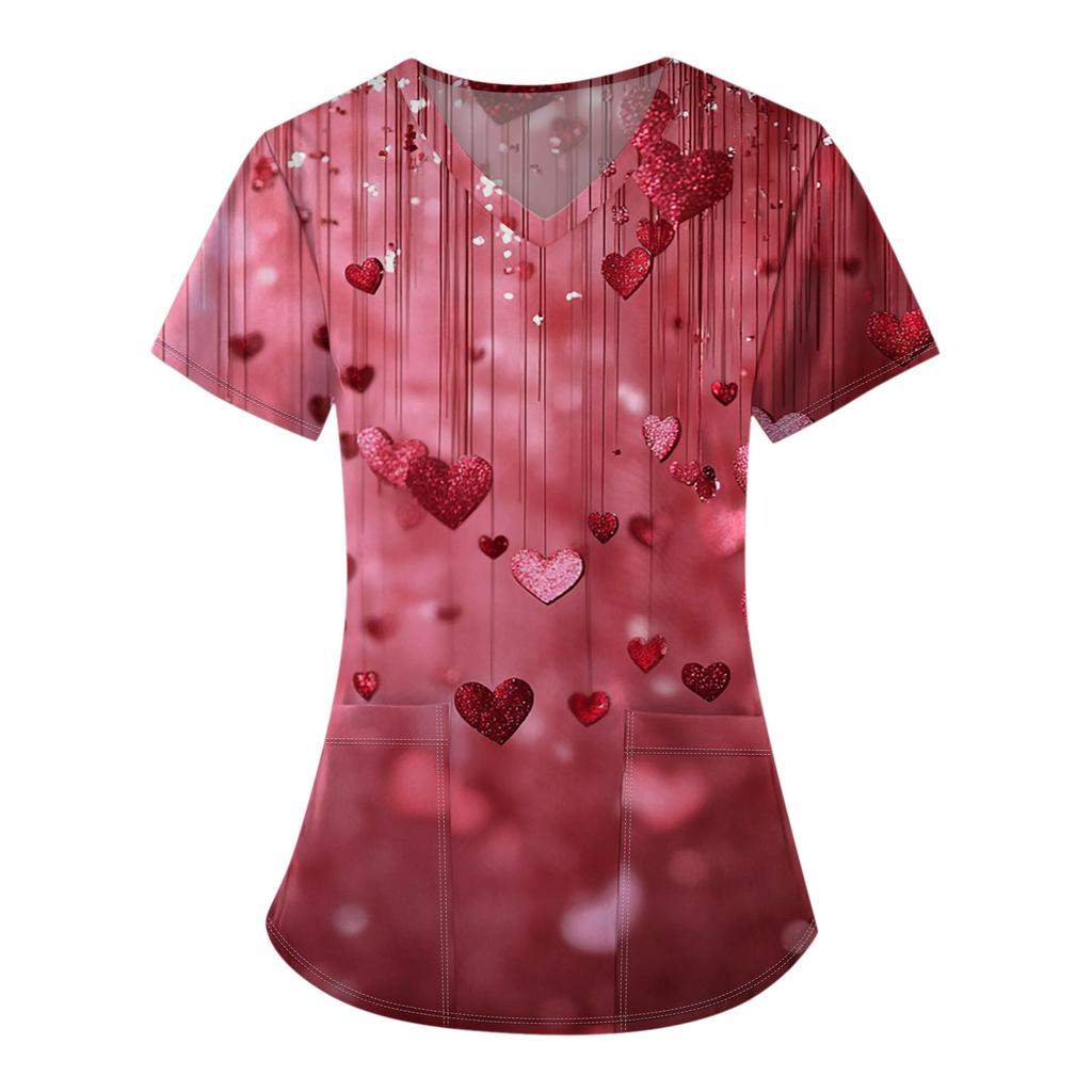 Women's Fashion V-Neck Short Sleeve Overalls With Pocket Valentine's Day Printed Tops  Clothes