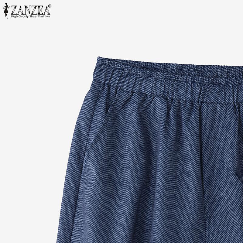ZANZEA Women Casual Elastic Waist Summer Print Capri Pants