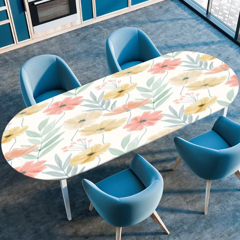 Elastic Stretch Waterproof Tablecloth Oil-Resistant Oval Fitted Table Cover for Kitchen Dining Wedding Party Outdoor Courtyard